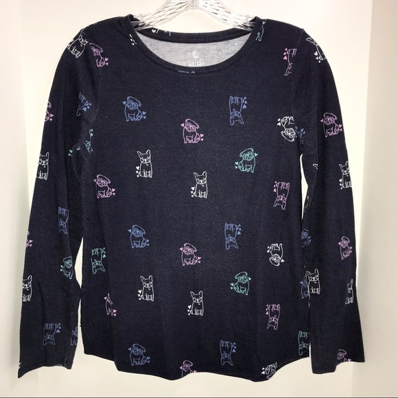 SO girls long sleeve t-shirt, navy blue with pugs and frenchie dogs all over - Picture 2 of 10